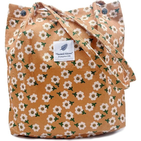 Handbags - Versatile Khaki Floral Corduroy Shoulder Bag - Ideal for Travel, Shopping & Work